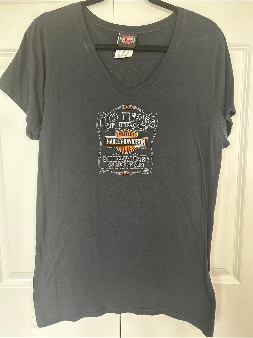 Harley-Davidson Black V-Neck Tee with Orange & White Logo
